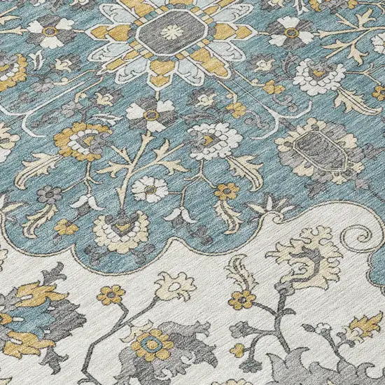Teal Blue And Ivory Floral Medallion Washable Indoor Outdoor Area Rug Photo 9