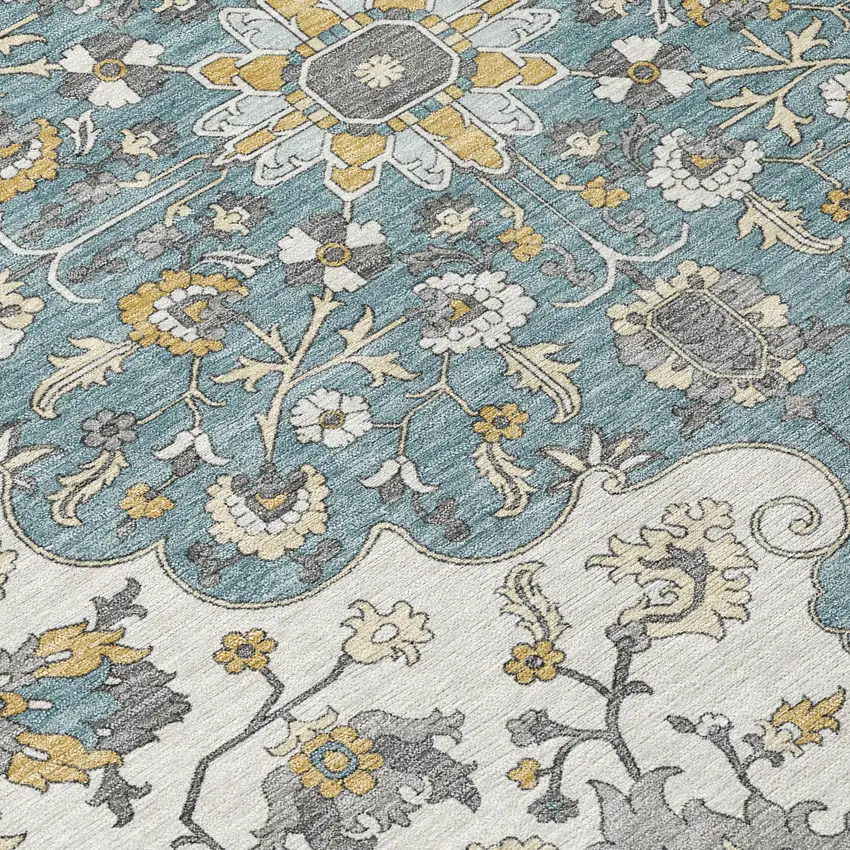 Teal Blue And Ivory Floral Medallion Washable Indoor Outdoor Area Rug Photo 9