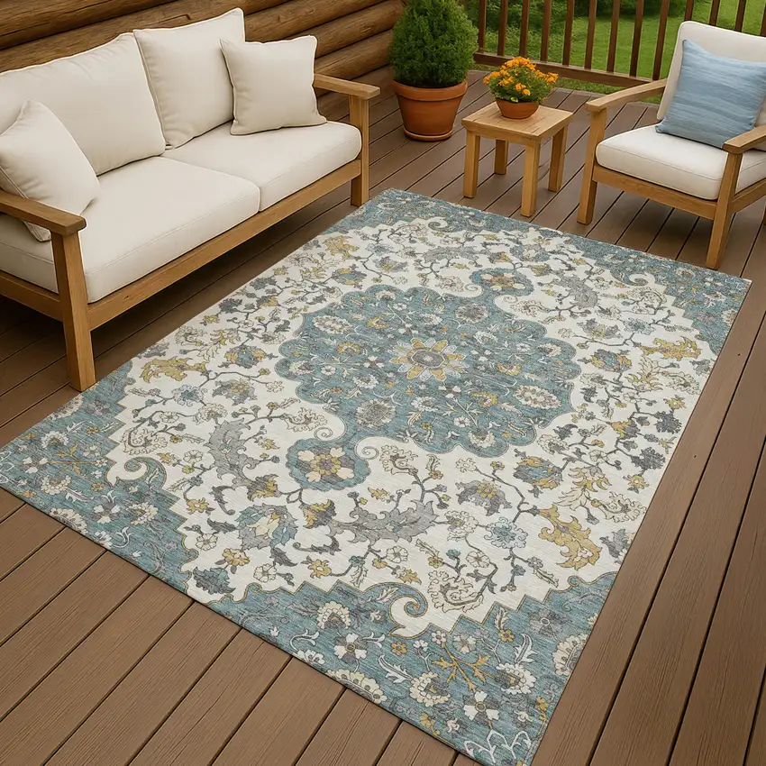 Teal Blue And Ivory Floral Medallion Washable Indoor Outdoor Area Rug Photo 4