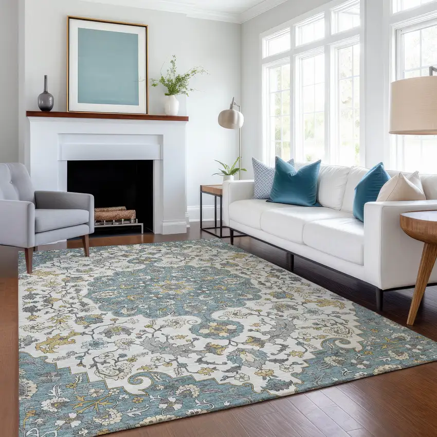 Teal Blue And Ivory Floral Medallion Washable Indoor Outdoor Area Rug Photo 6