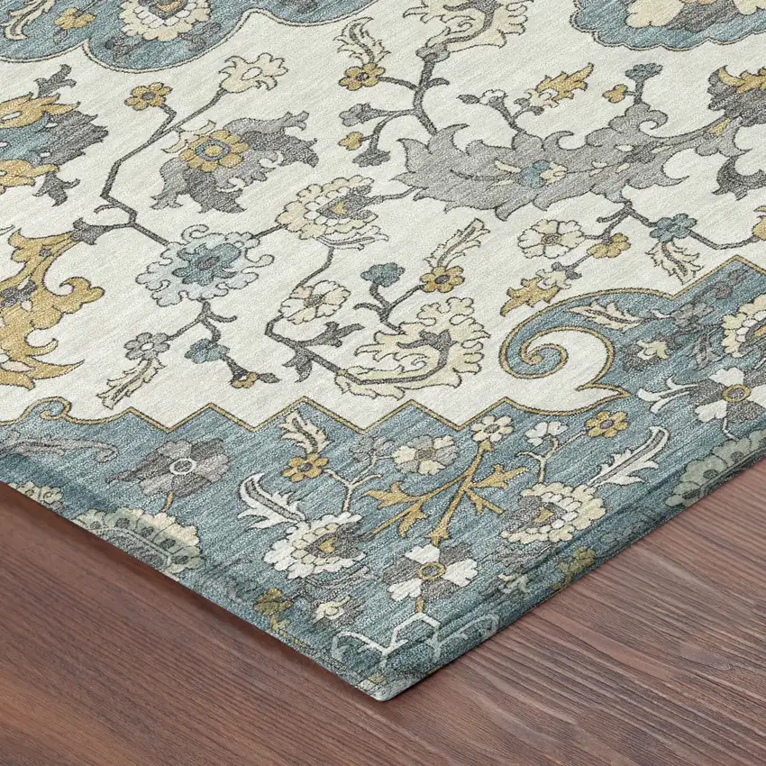 Teal Blue And Ivory Floral Medallion Washable Indoor Outdoor Area Rug Photo 3