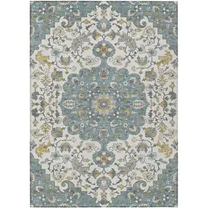 Photo of Teal Blue And Ivory Floral Medallion Washable Indoor Outdoor Area Rug