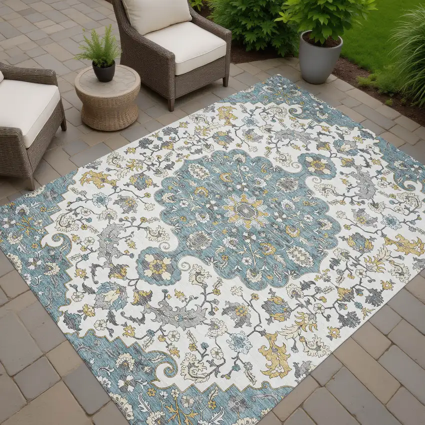 Teal Blue And Ivory Floral Medallion Washable Indoor Outdoor Area Rug Photo 7