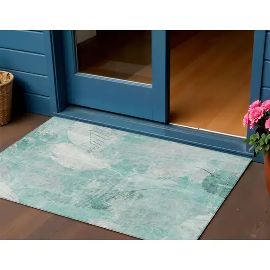 Teal Blue And Ivory Floral Washable Indoor Outdoor Area Rug Photo 2
