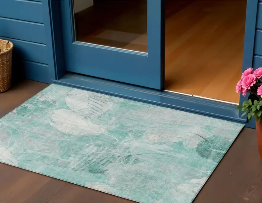 Teal Blue And Ivory Floral Washable Indoor Outdoor Area Rug Photo 2