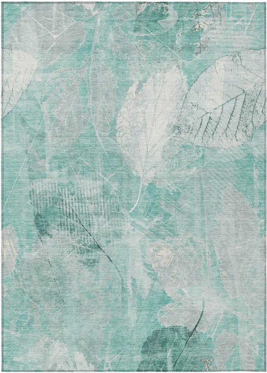 Teal Blue And Ivory Floral Washable Indoor Outdoor Area Rug Photo 8