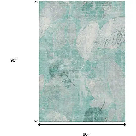 Teal Blue And Ivory Floral Washable Indoor Outdoor Area Rug Photo 9