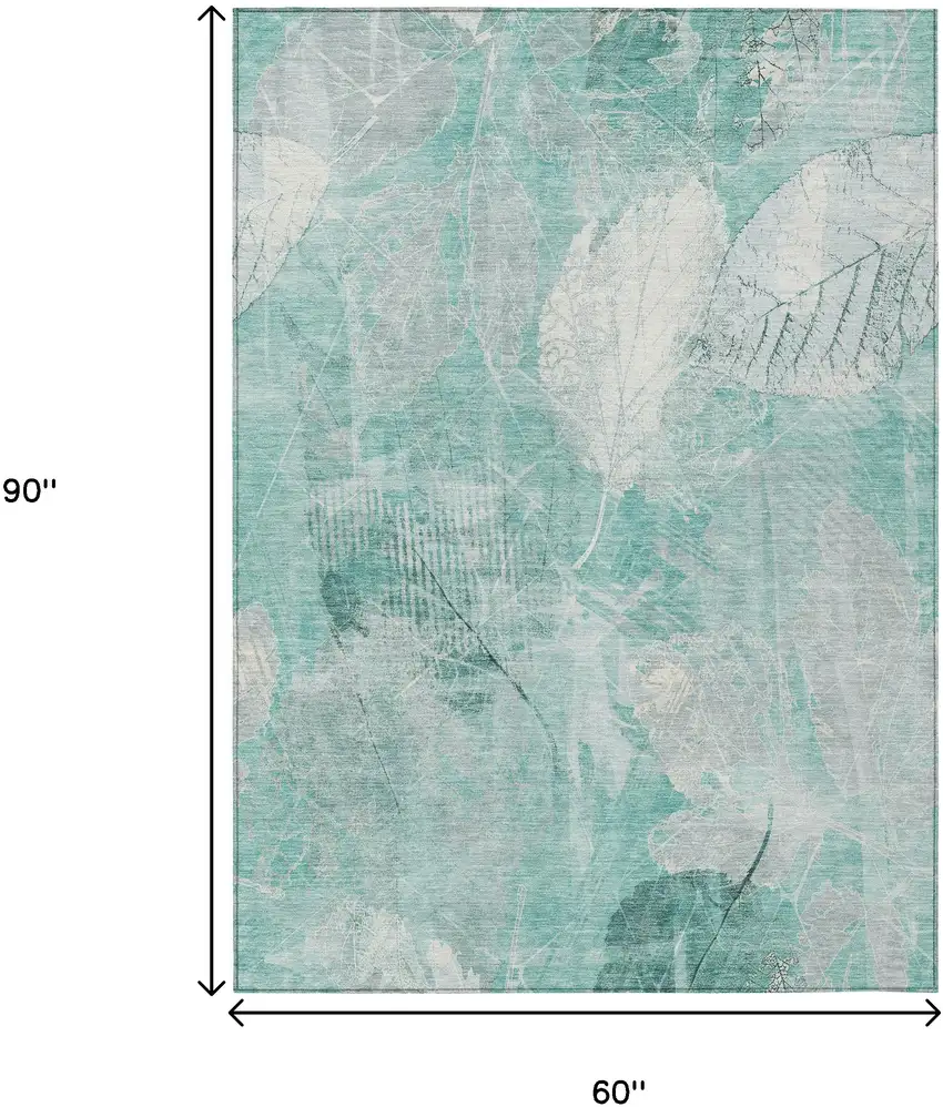 Teal Blue And Ivory Floral Washable Indoor Outdoor Area Rug Photo 9