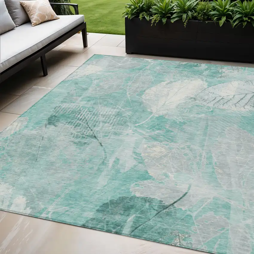 Teal Blue And Ivory Floral Washable Indoor Outdoor Area Rug Photo 2