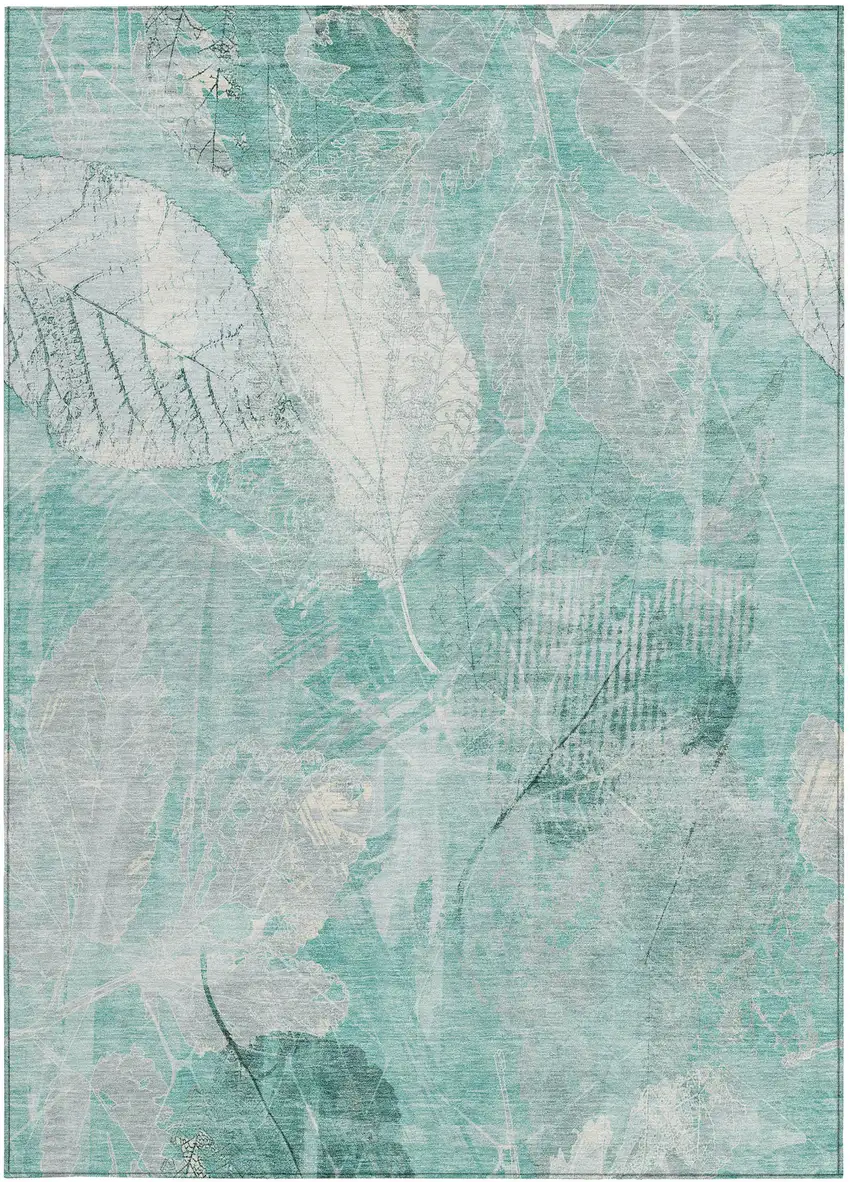 Teal Blue And Ivory Floral Washable Indoor Outdoor Area Rug Photo 1