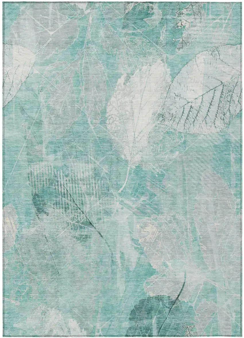 Teal Blue And Ivory Floral Washable Indoor Outdoor Area Rug Photo 3