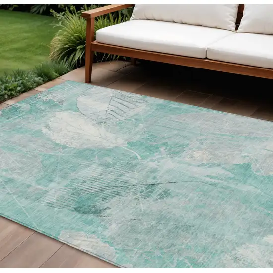 Teal Blue And Ivory Floral Washable Indoor Outdoor Area Rug Photo 2