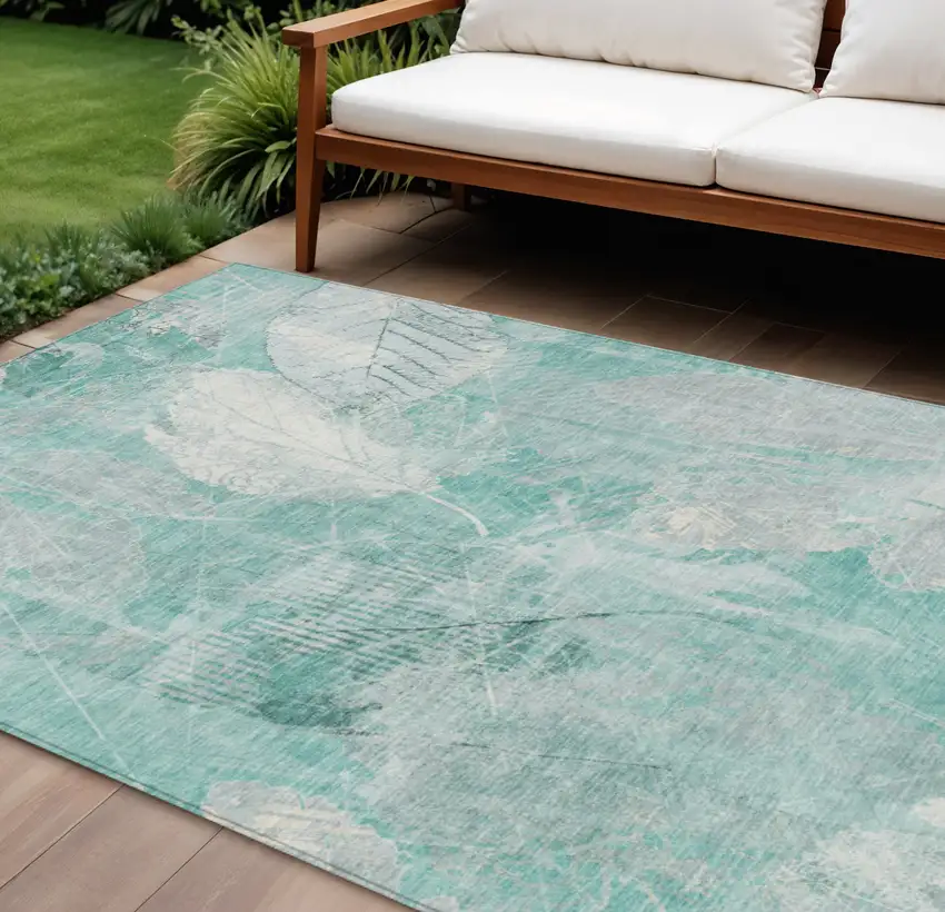 Teal Blue And Ivory Floral Washable Indoor Outdoor Area Rug Photo 2