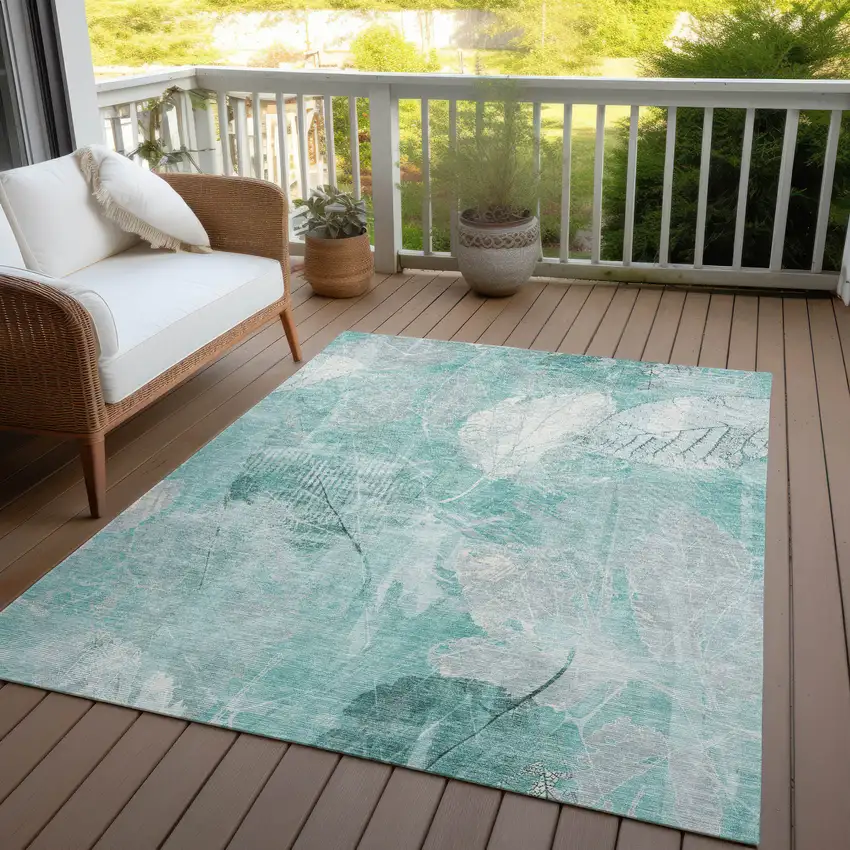 Teal Blue And Ivory Floral Washable Indoor Outdoor Area Rug Photo 5