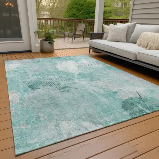 Teal Blue And Ivory Floral Washable Indoor Outdoor Area Rug Photo 8
