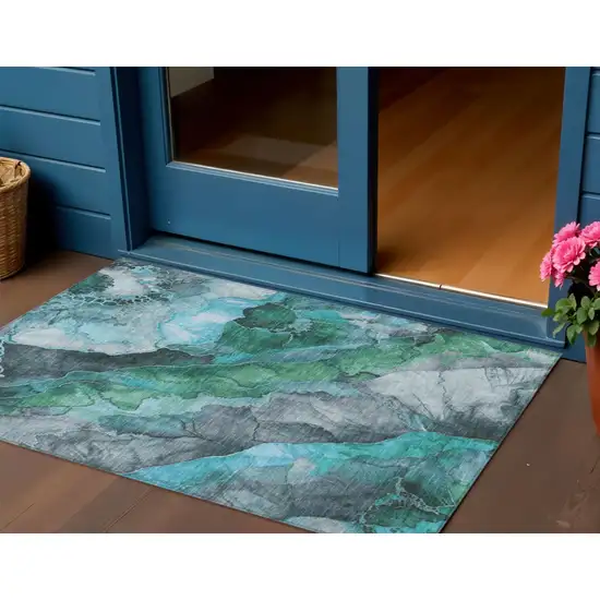 Teal Blue And Ivory Floral Washable Indoor Outdoor Area Rug Photo 2