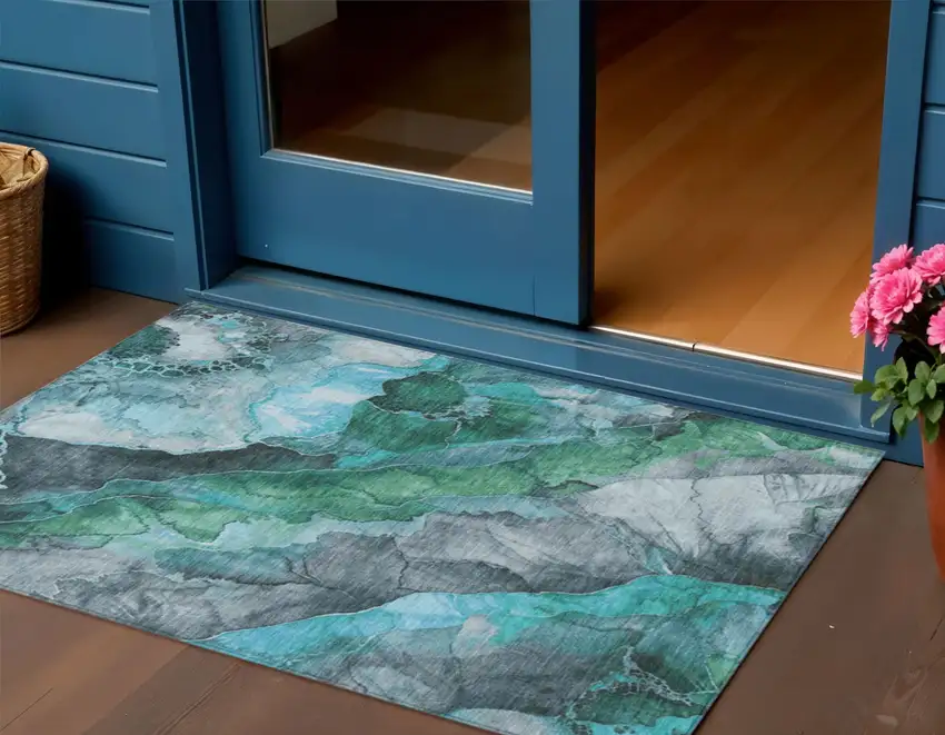 Teal Blue And Ivory Floral Washable Indoor Outdoor Area Rug Photo 2