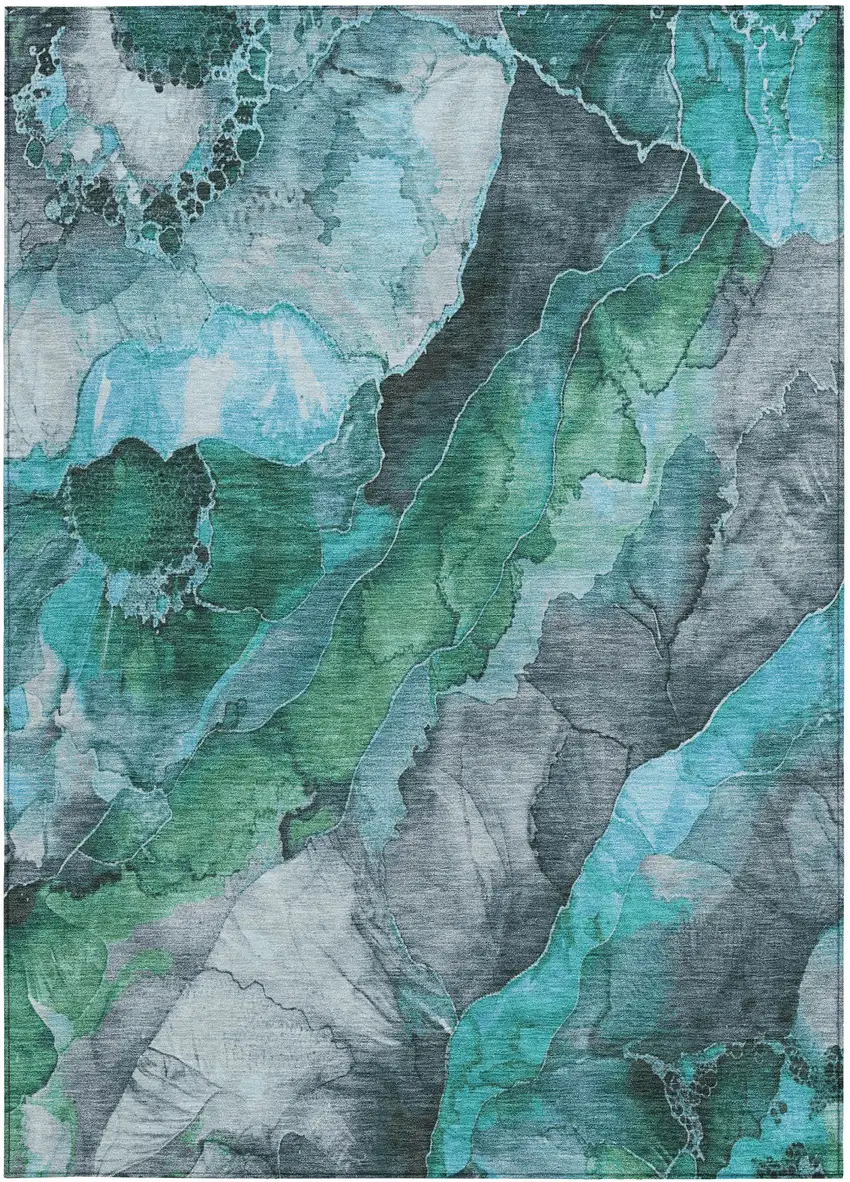 Teal Blue And Ivory Floral Washable Indoor Outdoor Area Rug Photo 8