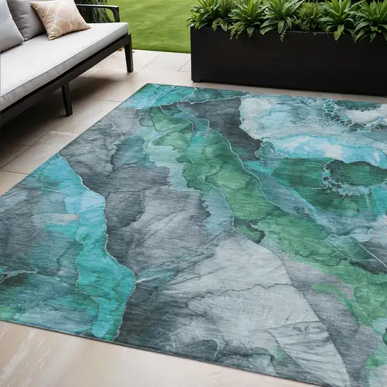 Teal Blue And Ivory Floral Washable Indoor Outdoor Area Rug Photo 2