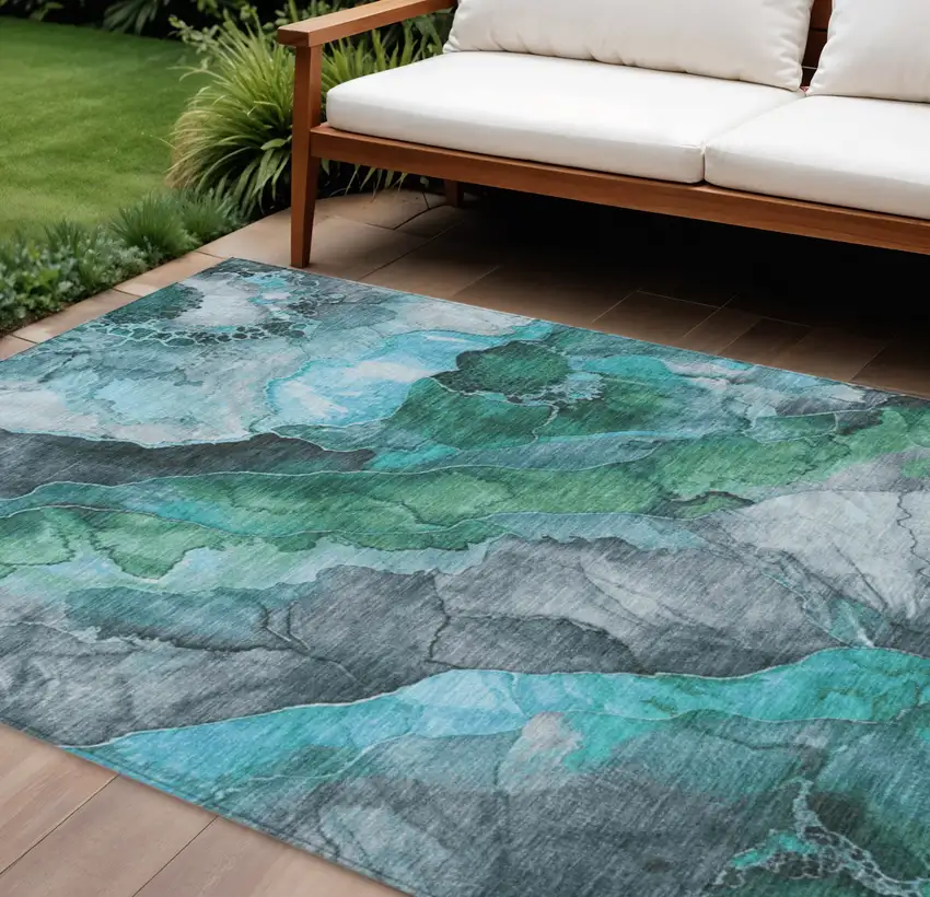 Teal Blue And Ivory Floral Washable Indoor Outdoor Area Rug Photo 2