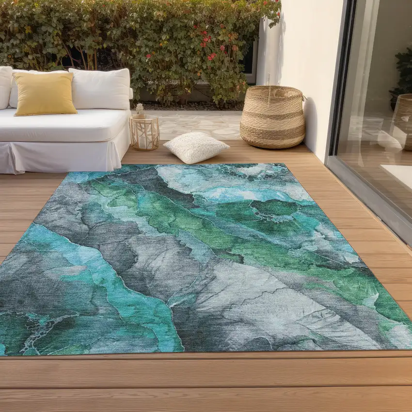 Teal Blue And Ivory Floral Washable Indoor Outdoor Area Rug Photo 6