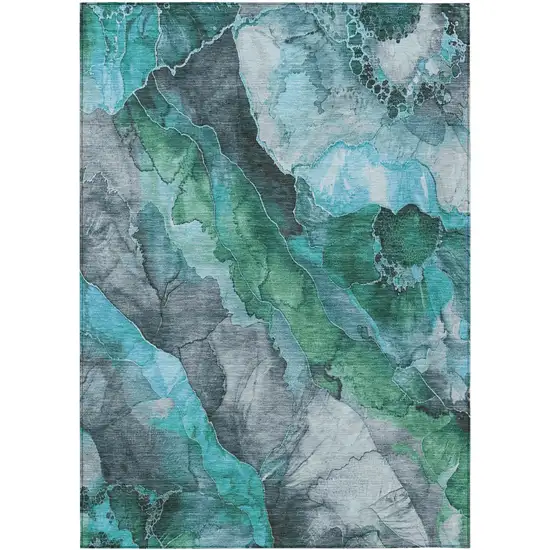 Teal Blue And Ivory Floral Washable Indoor Outdoor Area Rug Photo 7