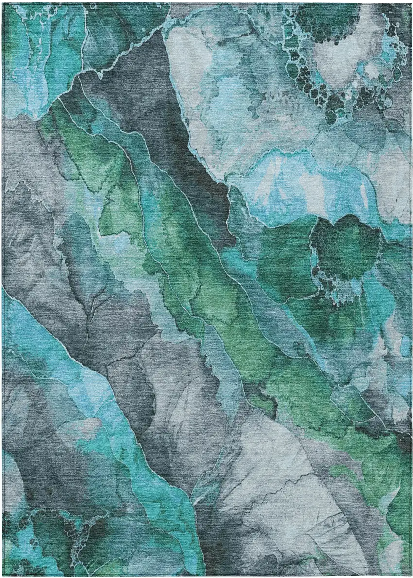 Teal Blue And Ivory Floral Washable Indoor Outdoor Area Rug Photo 8