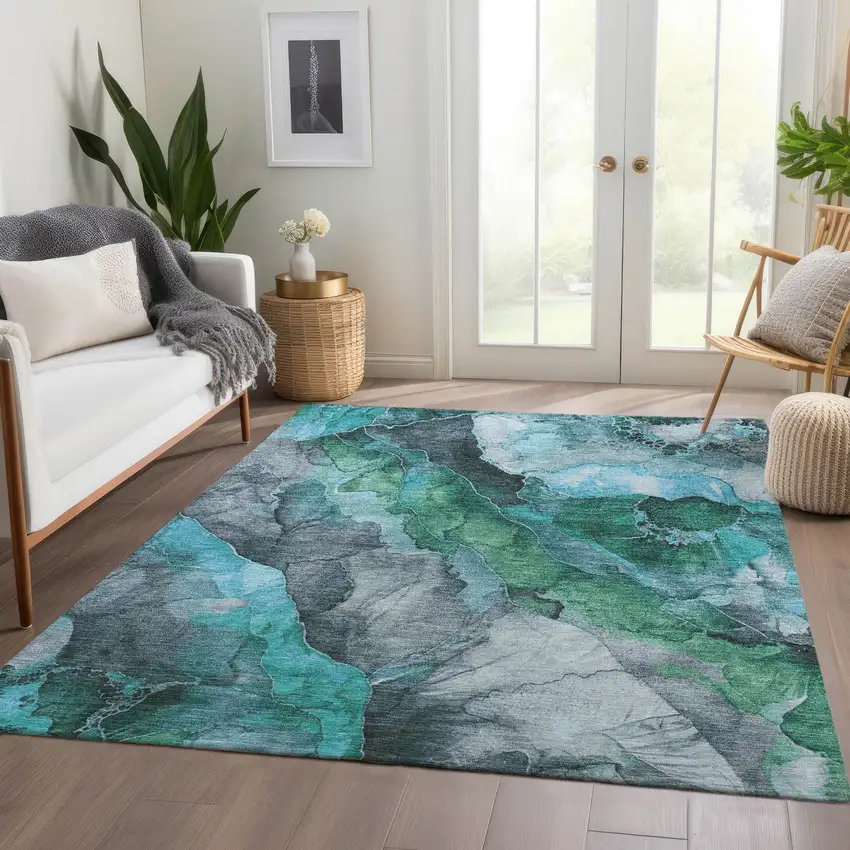 Teal Blue And Ivory Floral Washable Indoor Outdoor Area Rug Photo 6