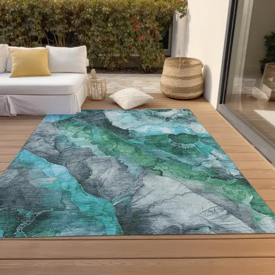 Teal Blue And Ivory Floral Washable Indoor Outdoor Area Rug Photo 7