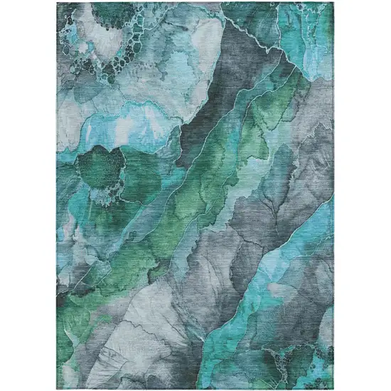 Teal Blue And Ivory Floral Washable Indoor Outdoor Area Rug Photo 9