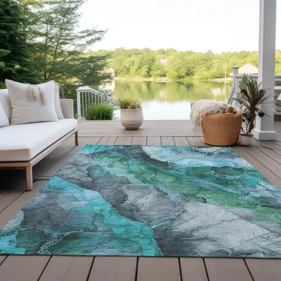 Teal Blue And Ivory Floral Washable Indoor Outdoor Area Rug Photo 4