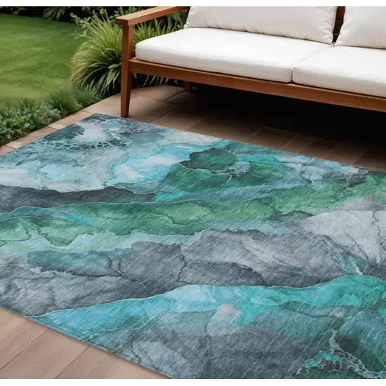 Teal Blue And Ivory Floral Washable Indoor Outdoor Area Rug Photo 2