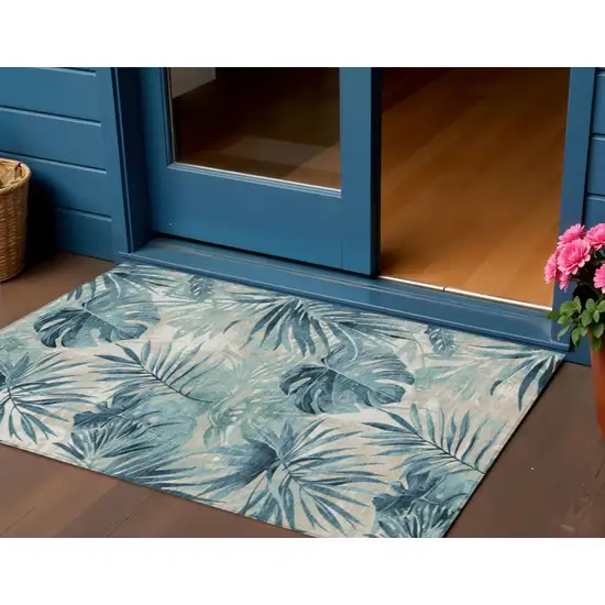 Teal Blue And Ivory Floral Washable Indoor Outdoor Area Rug Photo 2