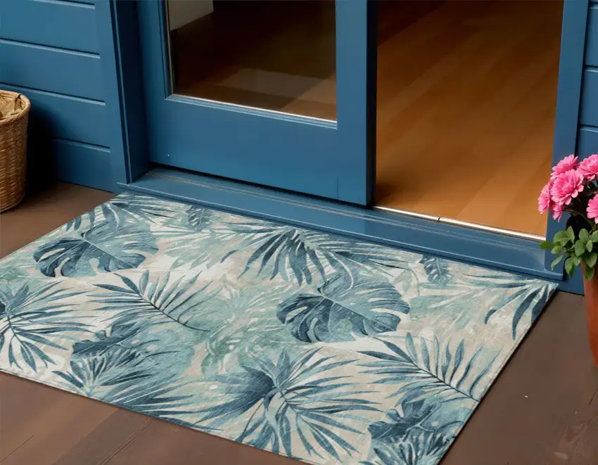 Teal Blue And Ivory Floral Washable Indoor Outdoor Area Rug Photo 2
