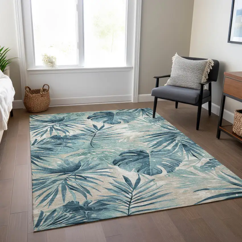 Teal Blue And Ivory Floral Washable Indoor Outdoor Area Rug Photo 5