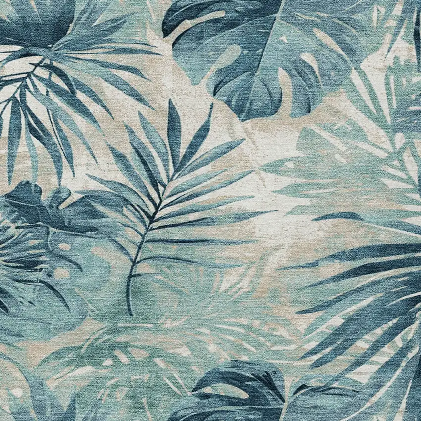 Teal Blue And Ivory Floral Washable Indoor Outdoor Area Rug Photo 7