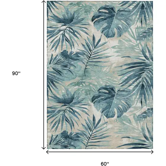 Teal Blue And Ivory Floral Washable Indoor Outdoor Area Rug Photo 9