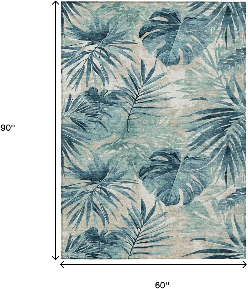 Teal Blue And Ivory Floral Washable Indoor Outdoor Area Rug Photo 9