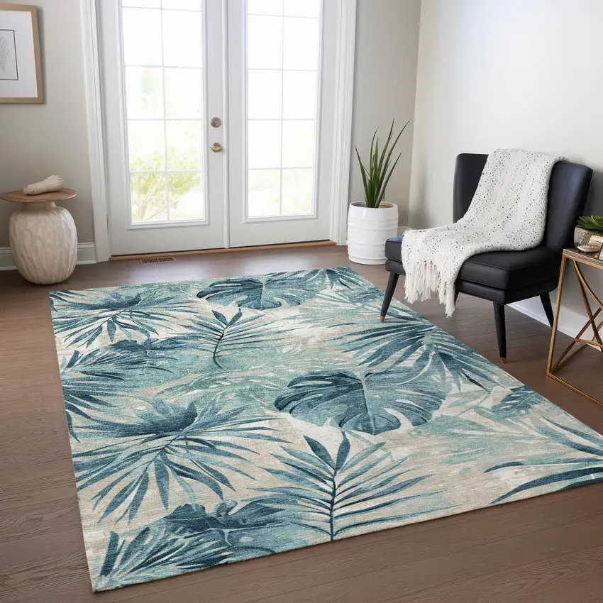 Teal Blue And Ivory Floral Washable Indoor Outdoor Area Rug Photo 5