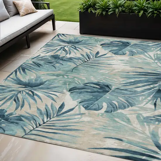 Teal Blue And Ivory Floral Washable Indoor Outdoor Area Rug Photo 2