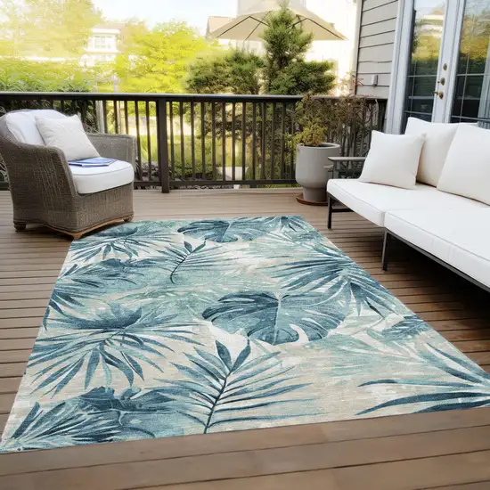 Teal Blue And Ivory Floral Washable Indoor Outdoor Area Rug Photo 7