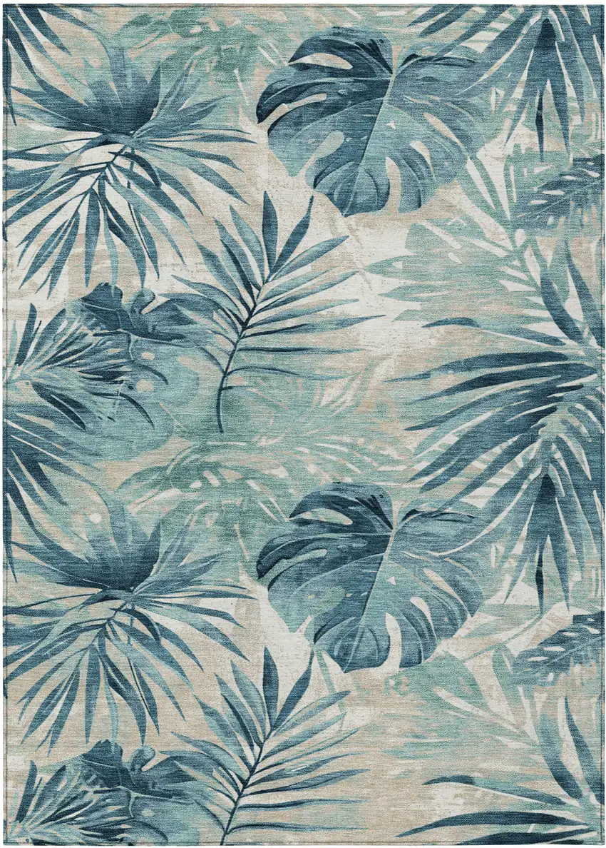 Teal Blue And Ivory Floral Washable Indoor Outdoor Area Rug Photo 8