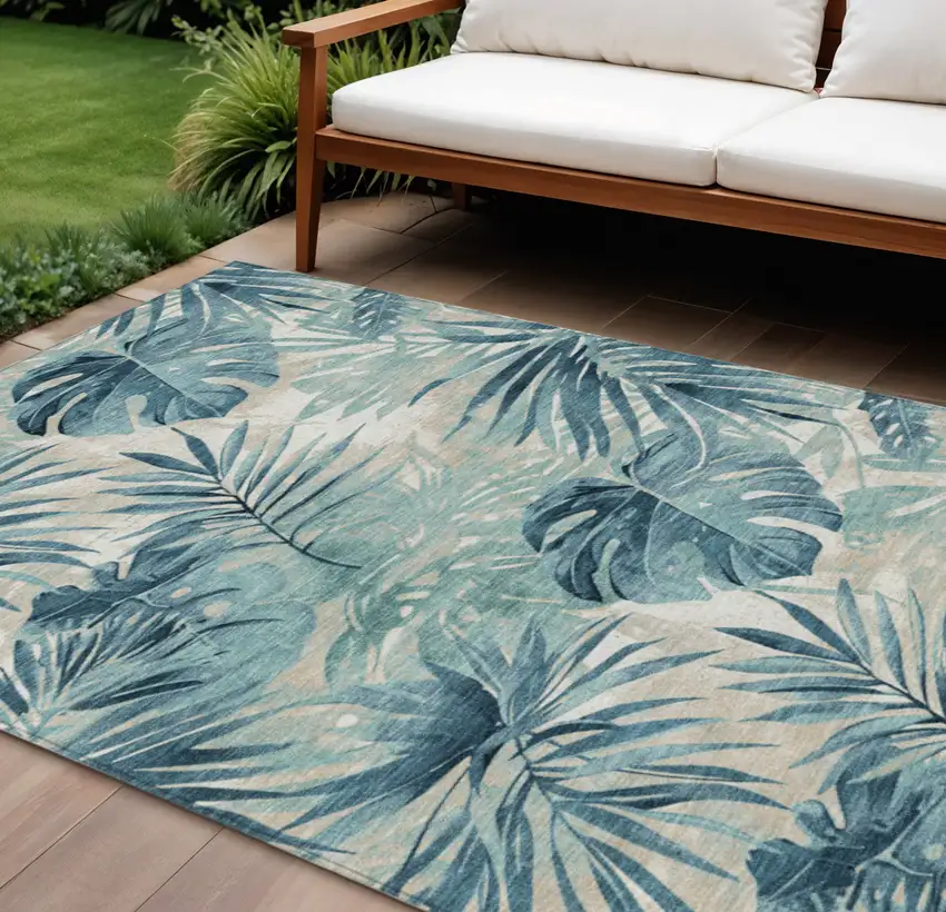 Teal Blue And Ivory Floral Washable Indoor Outdoor Area Rug Photo 2