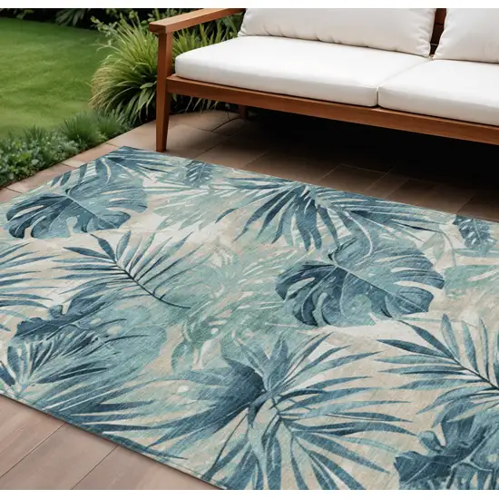 Teal Blue And Ivory Floral Washable Indoor Outdoor Area Rug Photo 2