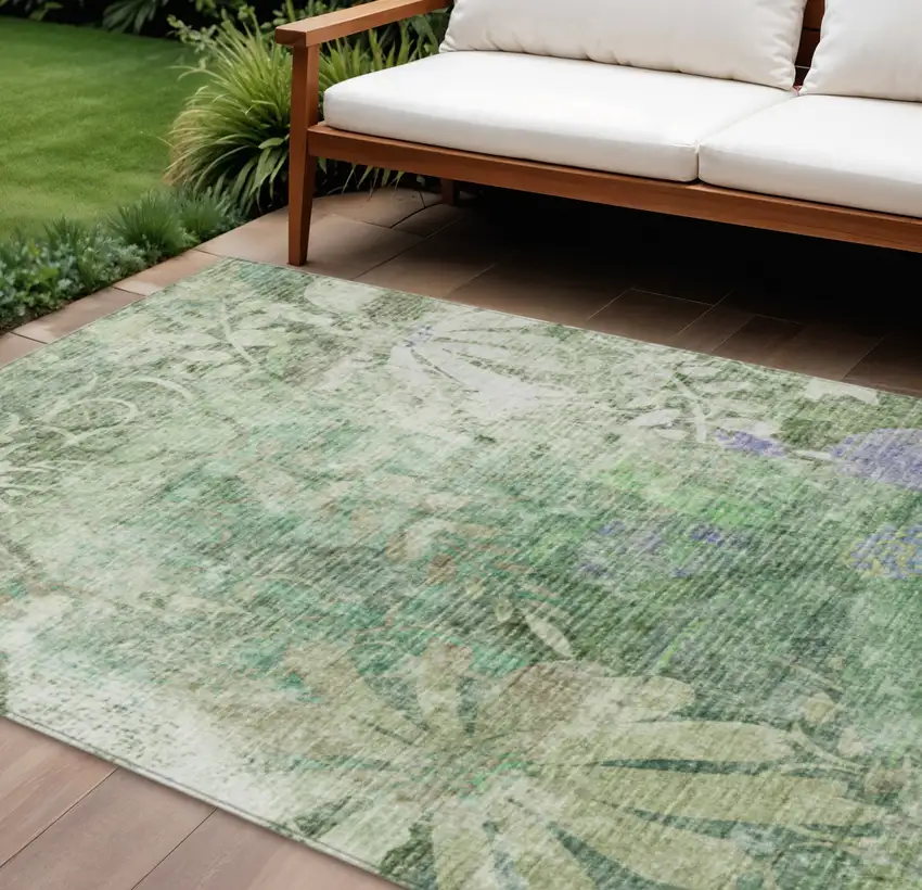 Teal Blue And Ivory Floral Washable Indoor Outdoor Area Rug Photo 1