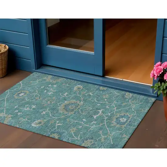 Teal Blue And Ivory Floral Washable Indoor Outdoor Area Rug Photo 1