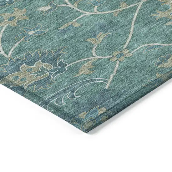 Teal Blue And Ivory Floral Washable Indoor Outdoor Area Rug Photo 4