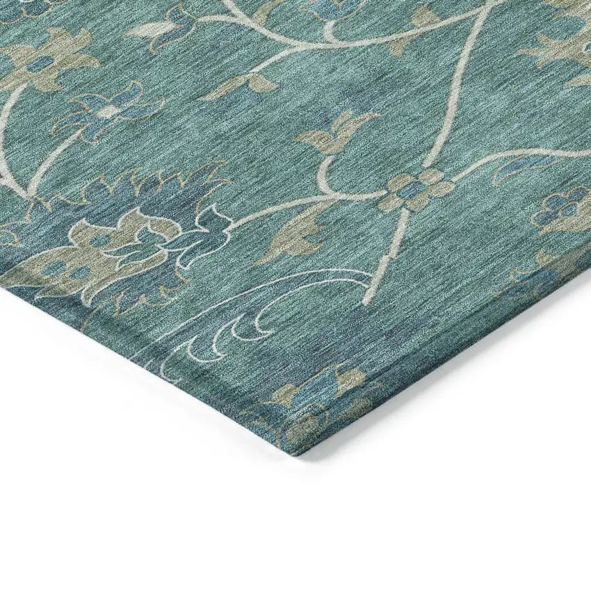 Teal Blue And Ivory Floral Washable Indoor Outdoor Area Rug Photo 4