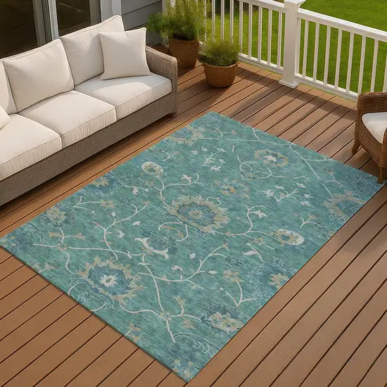 Teal Blue And Ivory Floral Washable Indoor Outdoor Area Rug Photo 6