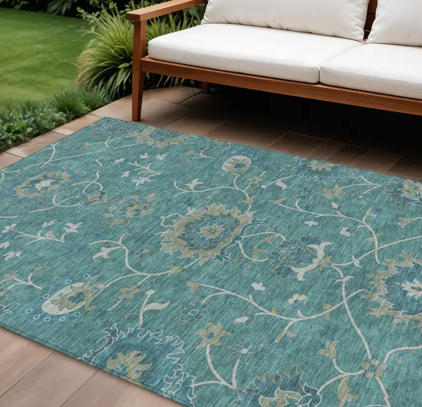 Teal Blue And Ivory Floral Washable Indoor Outdoor Area Rug Photo 1